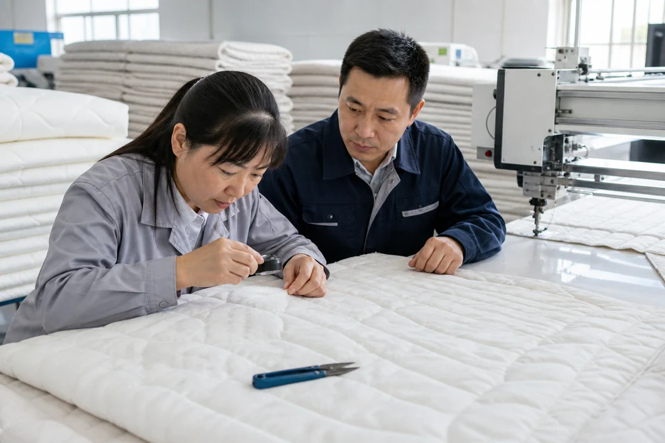 Quilted Bedding Stitch Continuity and Thread-Break Repair Inspection