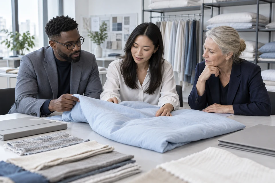 Three buying-team members review a pale-blue bedding sample together in a modern meeting studio