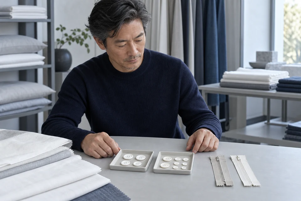 A product developer in a navy knit top compares button trays and zipper components at a studio table