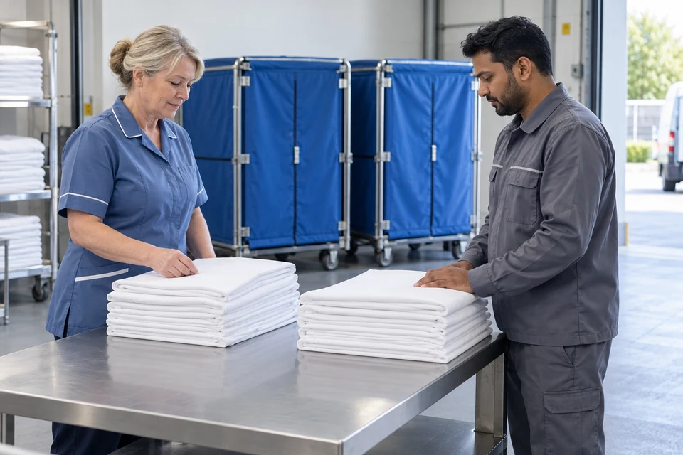 A hotel supervisor and laundry professional review folded white linen beside blue transport carts