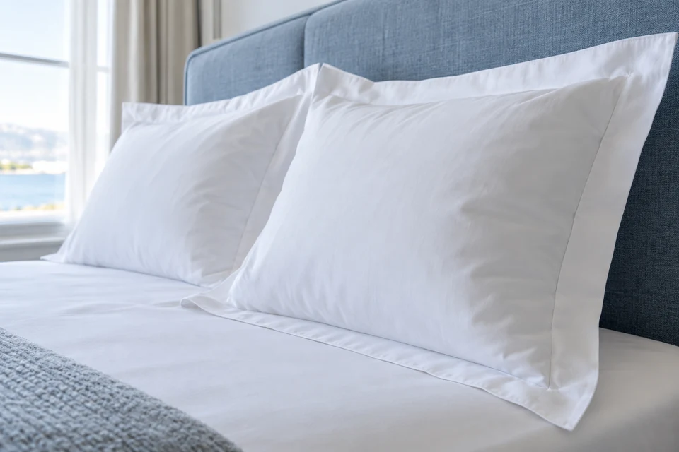 Close view of white Oxford pillowcase flanges against a muted blue upholstered hotel headboard