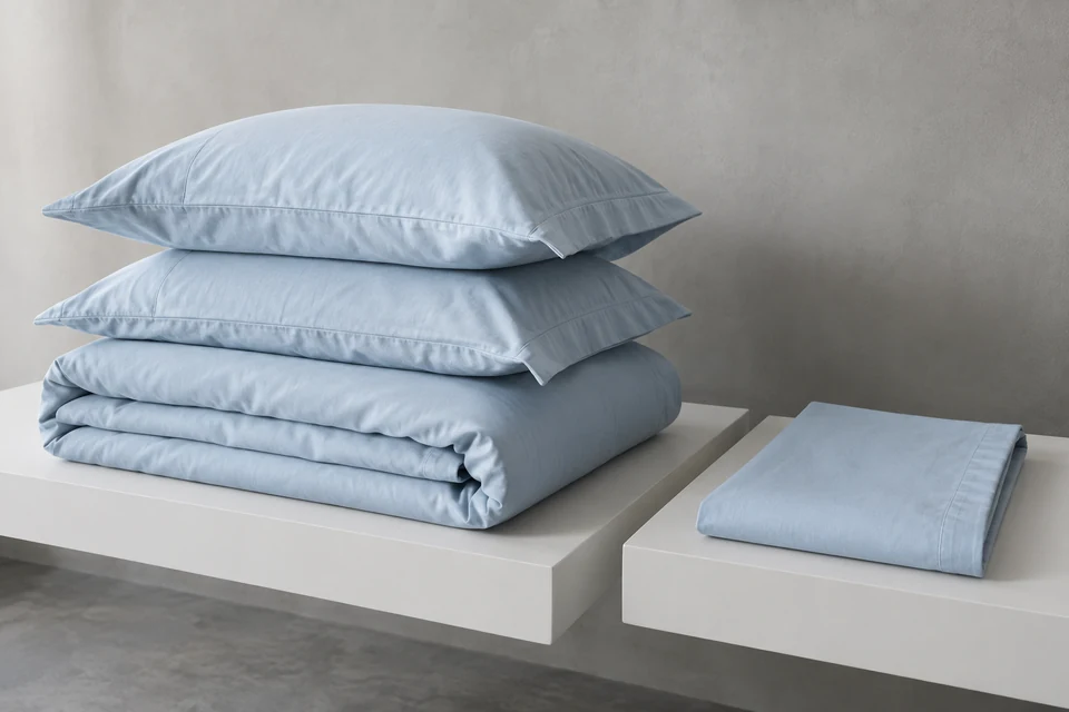 A pale-blue bedding display with a separate folded component beside orderly showroom shelves