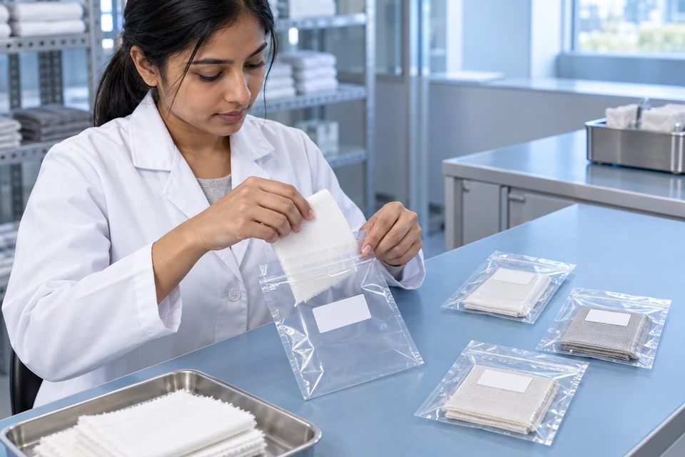 A laboratory professional places a white textile specimen into a clear sample pouch at a clean bench