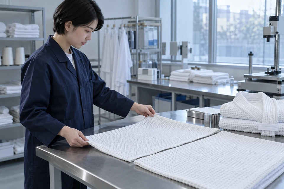 A textile technician reviews white waffle-fabric panels on a silver worktable in a daylight inspection studio