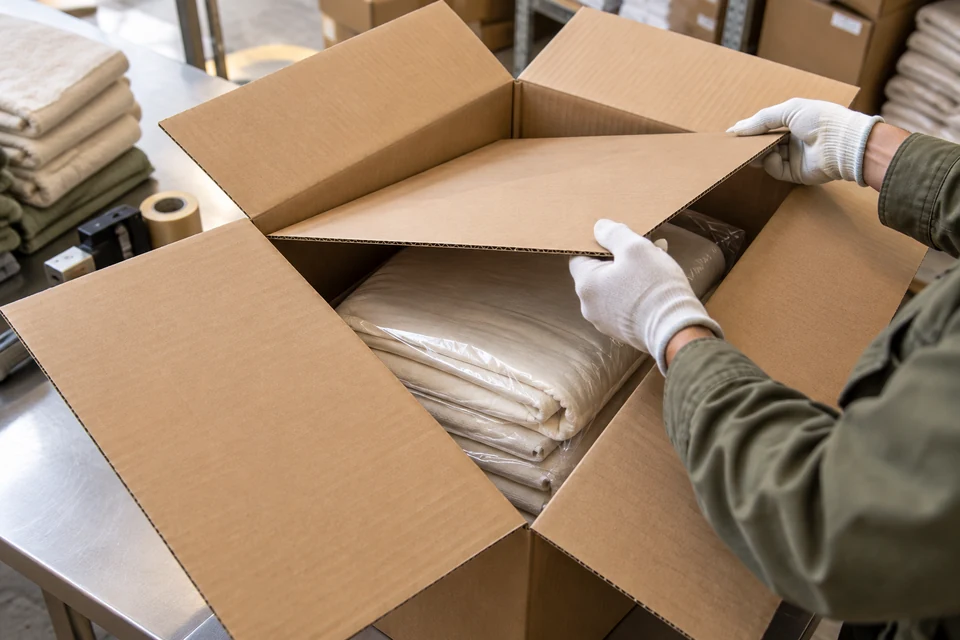 Gloved hands lift a protective cardboard insert above wrapped bedding inside an open shipping carton