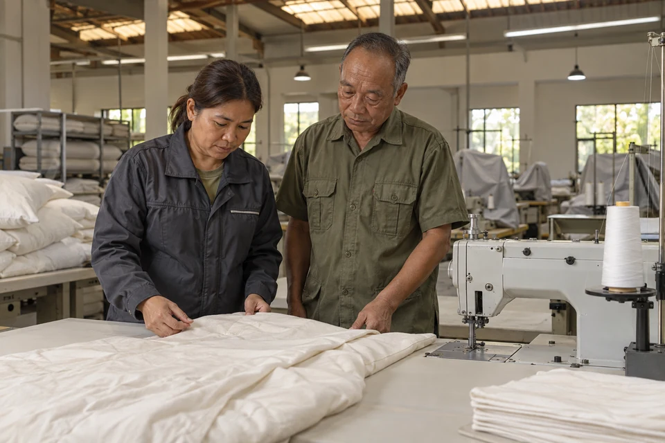 Two production professionals review a cream quilted textile beside an idle sewing machine