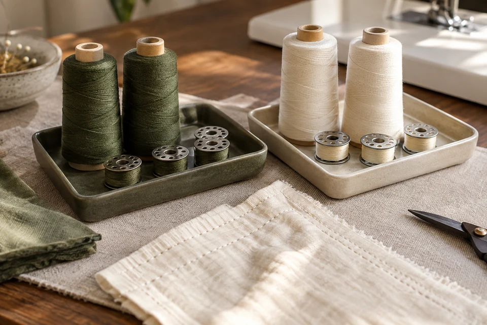 Olive and cream thread cones with matching bobbins separated into trays beside a sewn textile sample