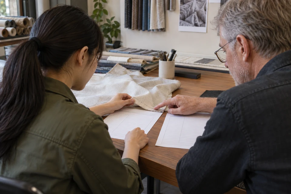Two quality reviewers compare an ivory seam sample beside paired blank inspection forms