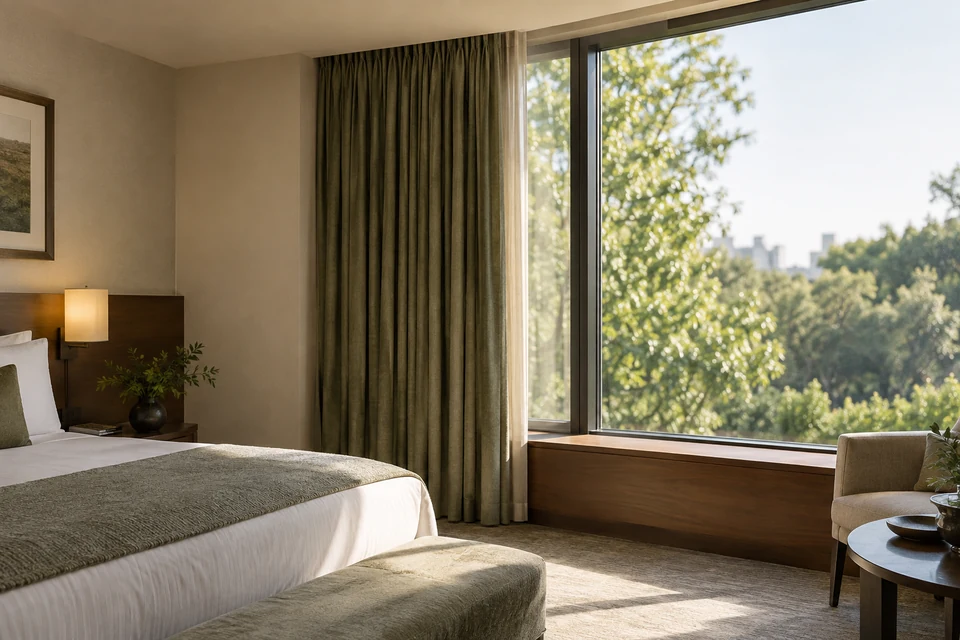 Olive curtains gathered beside a hotel window with walnut trim and warm natural light