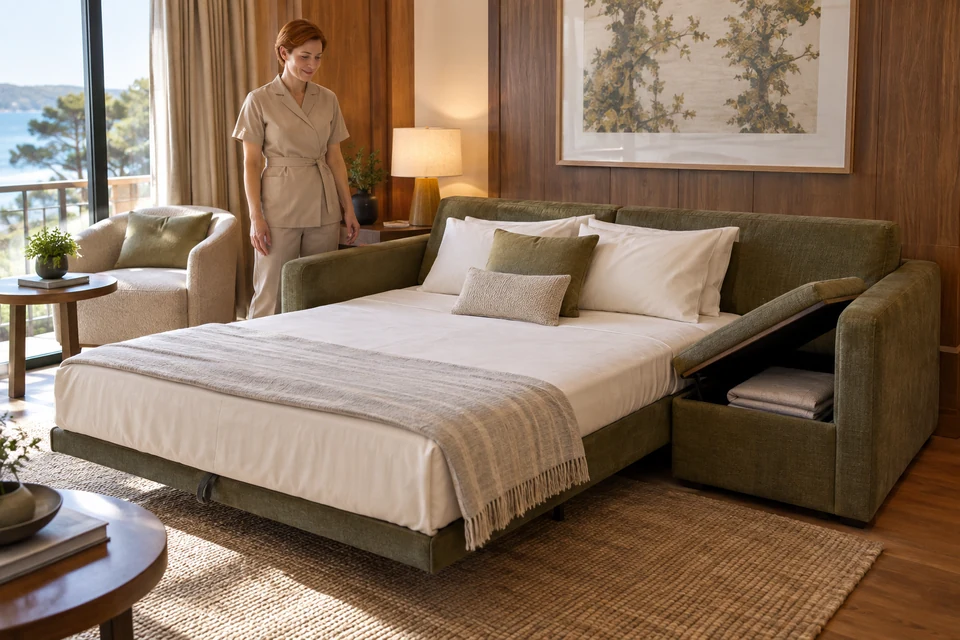 A housekeeper reviews cream bedding on an opened olive sofa sleeper in a hotel suite