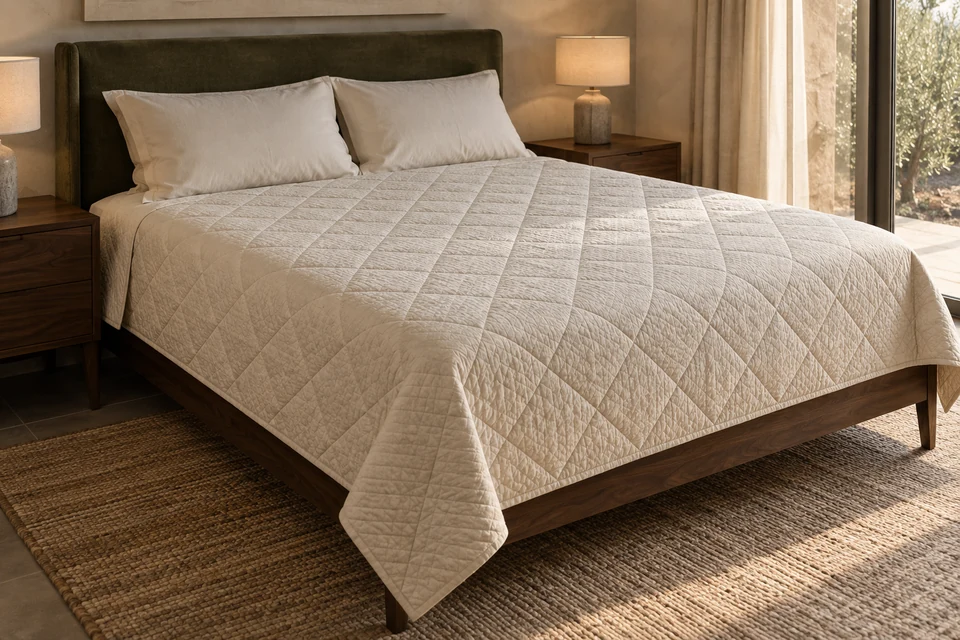A cream diamond-quilted coverlet displayed across a walnut hotel bed beneath an olive headboard