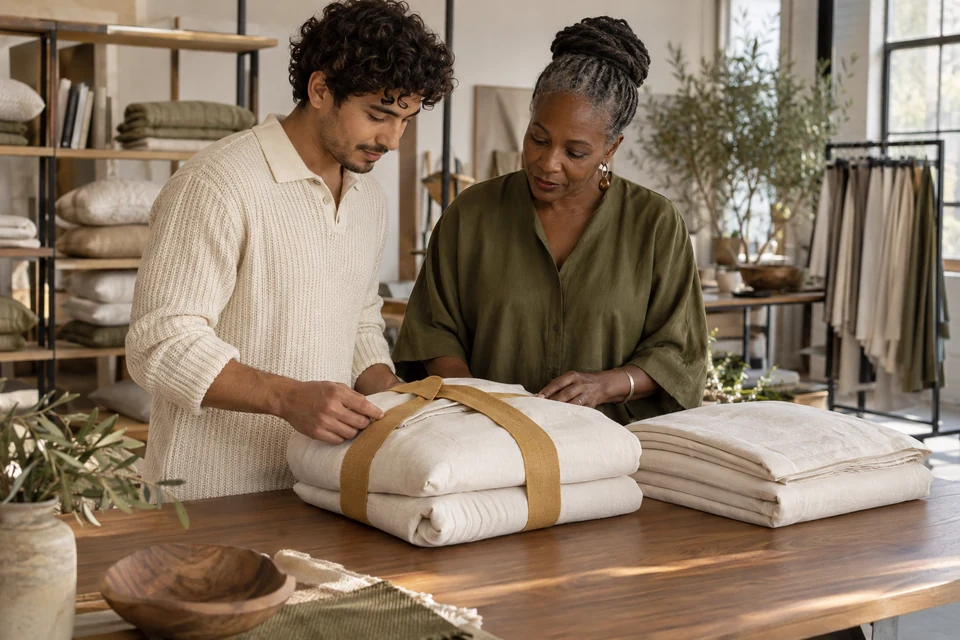 Two designers review cream bedding wrapped with an ochre ribbon at a warm-toned studio table
