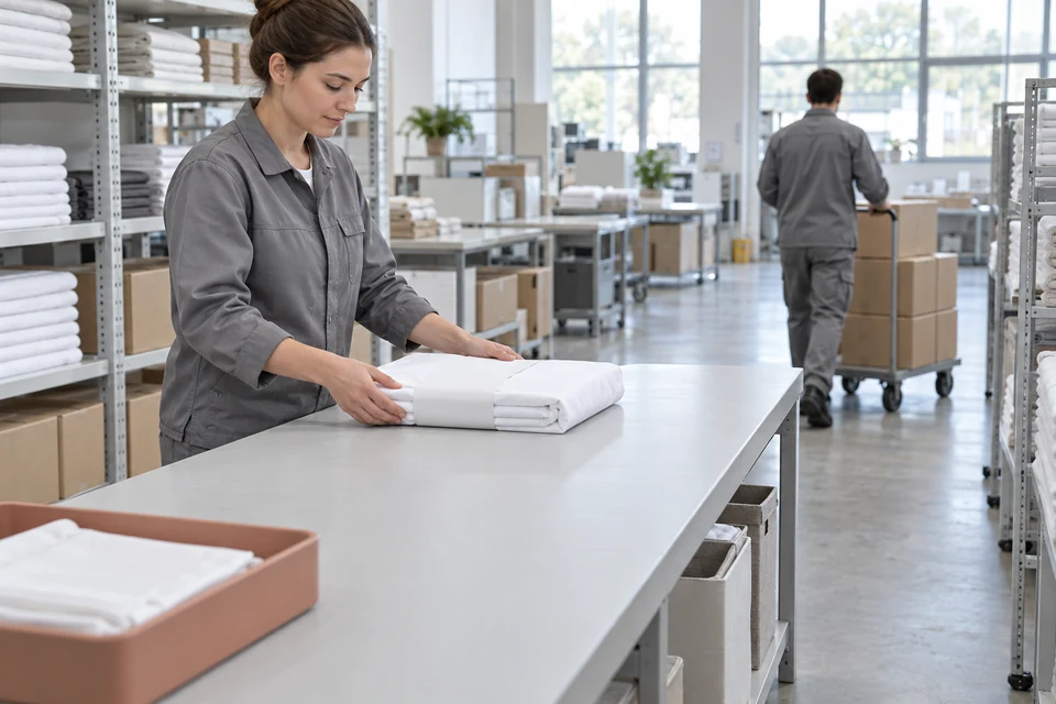 A packing worker places a white bedding pack on a cleared bench while outgoing cartons move away