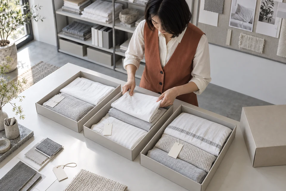 A textile professional sorts folded sample fabrics into separate archive trays beside a return box