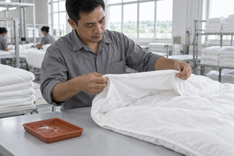 A technician examines the inside seam of a white duvet cover beside a tray of loose thread offcuts