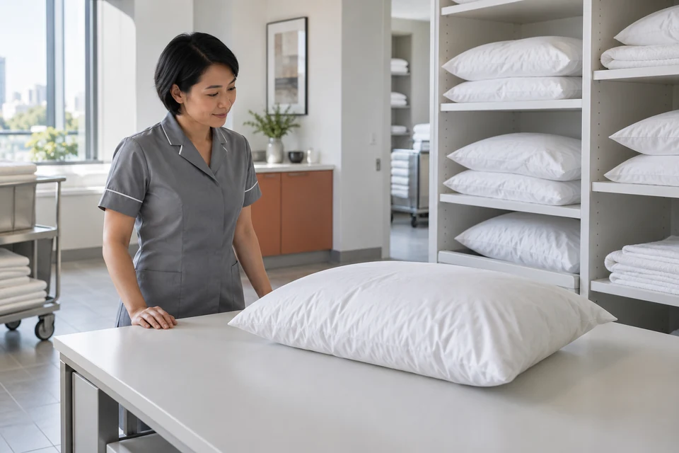 A housekeeper observes a white pillow on a clean table beside open linen-room shelves