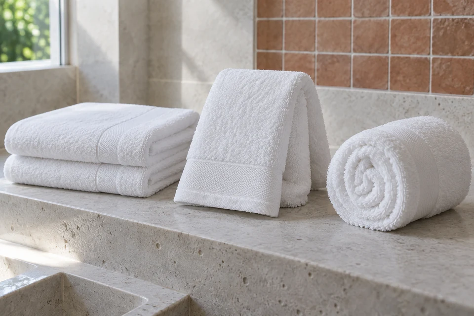 White terry towels displayed in varied folds on a pale stone shelf in a bright hotel bathroom