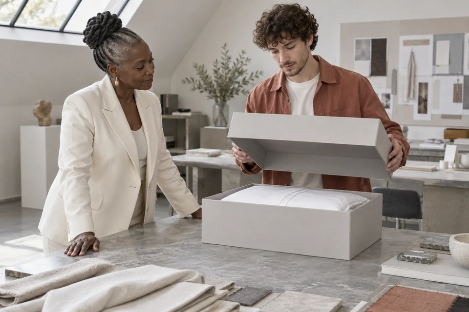 Two designers review the separate lid and filled base of a grey bedding presentation box