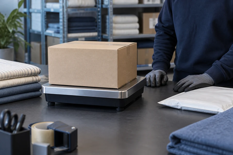 A closed sample carton rests fully on a parcel scale beside a dispatch technician's gloved hands
