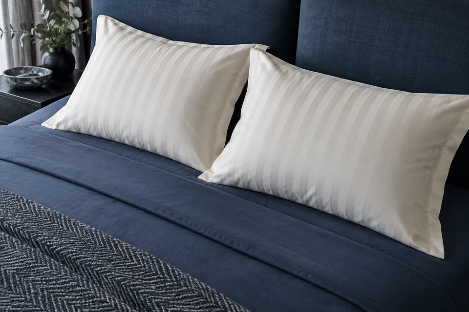 Two cream woven-stripe pillowcases are displayed with aligned directions on a deep blue hotel bed