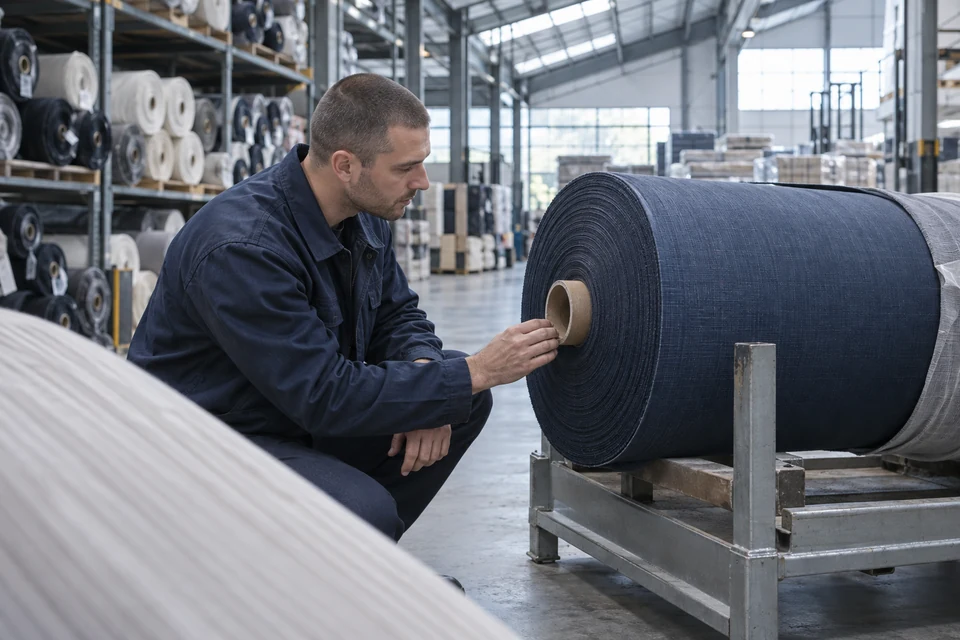 A technician examines the visible core of a stationary fabric roll supported on a low warehouse cradle