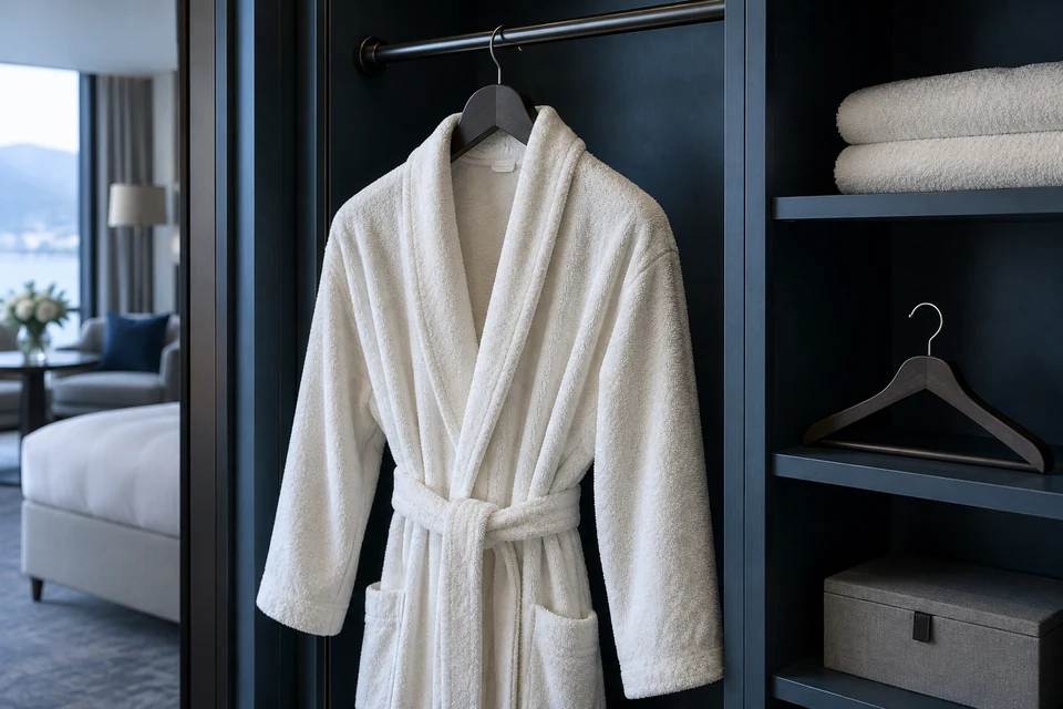 An ivory terry bathrobe hangs in a deep blue hotel closet beside an alternative empty hanger