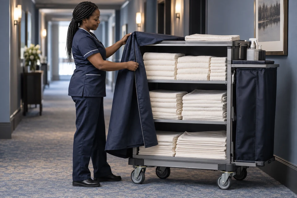 A hotel linen attendant holds a navy cart cover away from clean folded towels in a service corridor