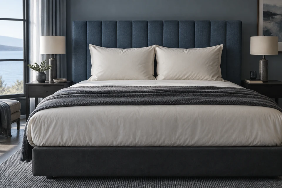 Two cream pillows are displayed side by side against a slate-blue upholstered hotel headboard