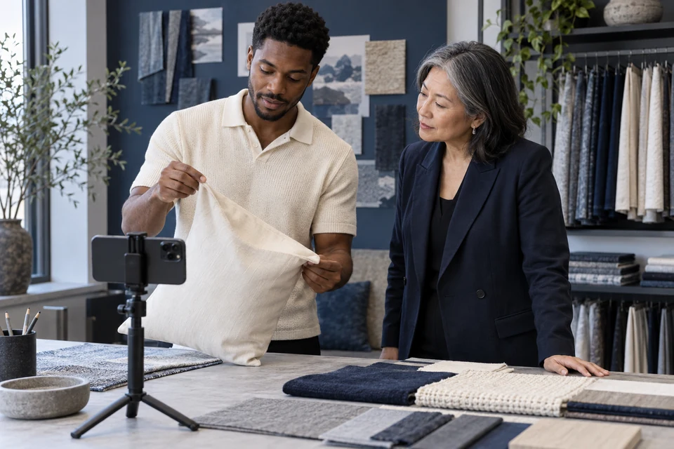 Two textile professionals demonstrate a pillowcase detail to a tabletop camera in a contemporary studio