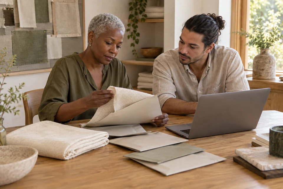 Two sourcing professionals compare a textile sample and its sleeve beside a laptop in a warm studio