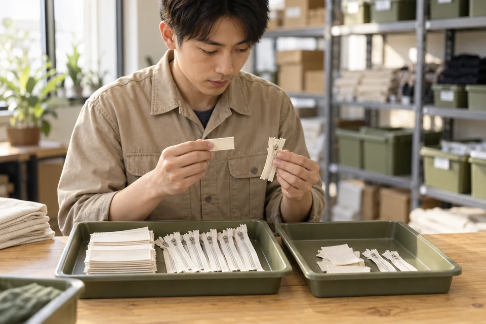 A receiving technician compares plain labels and zipper components held in separate shallow trays