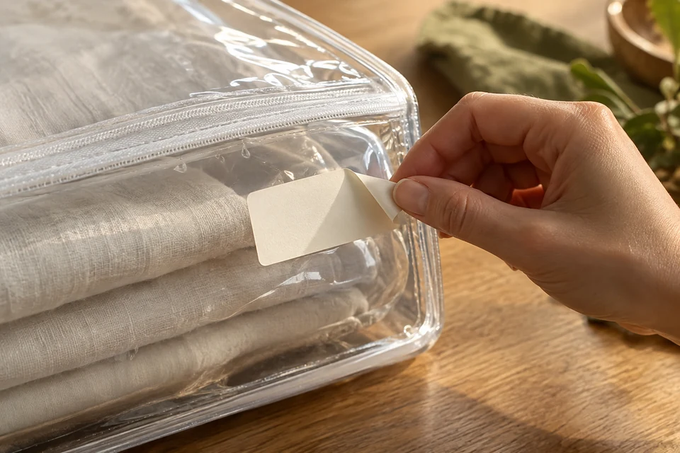 A hand gently lifts the corner of a blank label on a transparent reusable bedding pouch