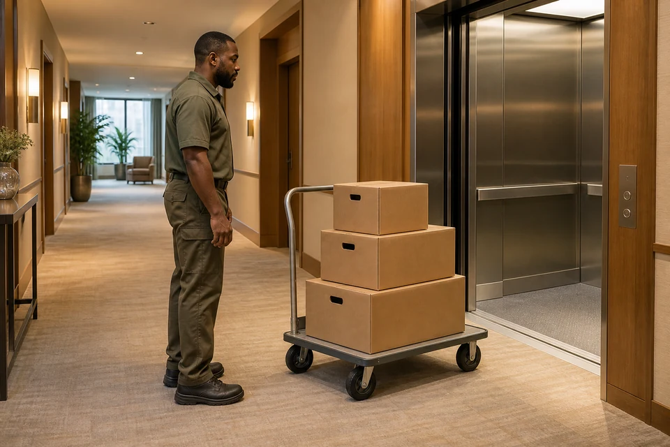 A logistics professional observes a stationary carton trolley outside an open hotel service lift