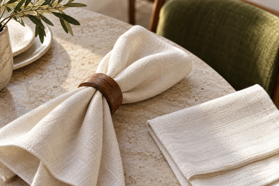 An ivory woven napkin rests in a wooden ring beside a matching napkin on a stone table