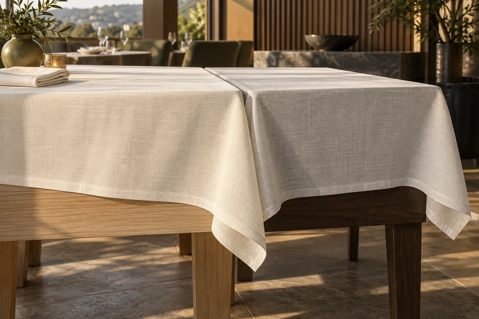 Ivory tablecloths drape over contrasting light and dark wooden tables in warm restaurant light