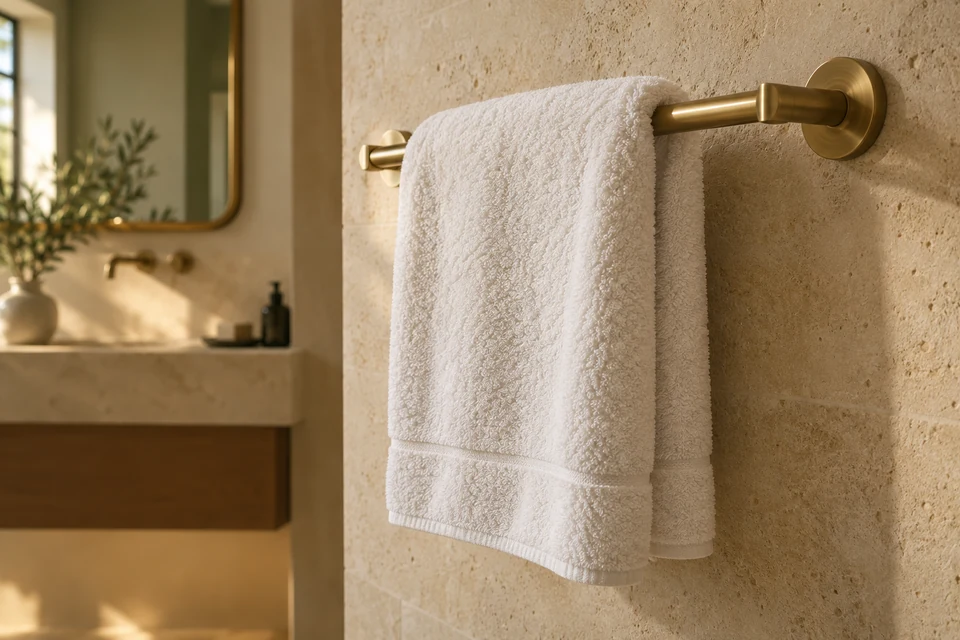 An ivory terry towel hangs over a brass rail with the wall and mounting brackets visible