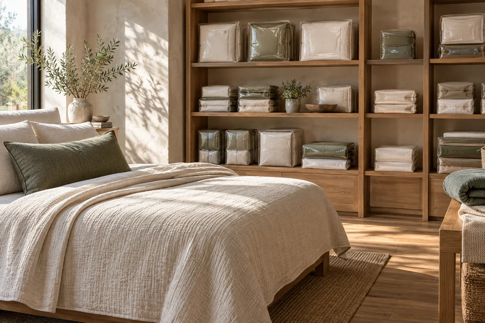 An unwrapped bedding display sits apart from sealed bedding packs on oak retail shelves