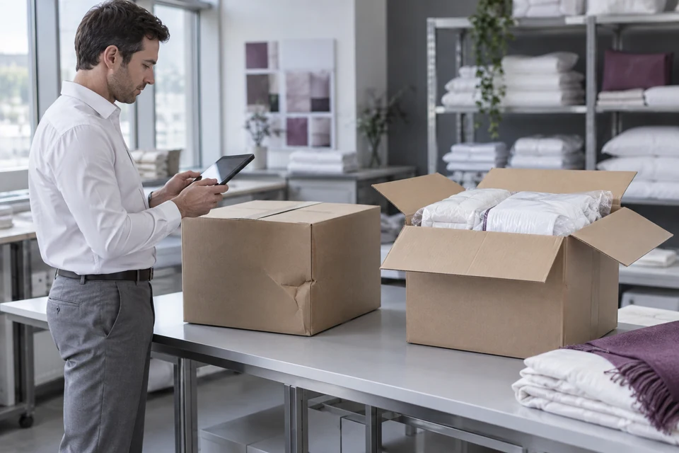 A receiving professional reviews a damaged carton beside an intact open box containing protected bedding