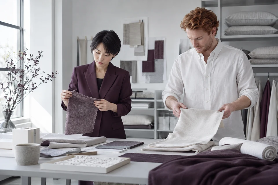 Two contemporary designers review textile swatches and development samples in a bright studio