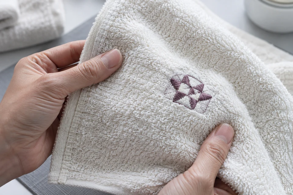 A hand holds the reverse of ivory terry embroidery with plum stitching and visible backing remnants