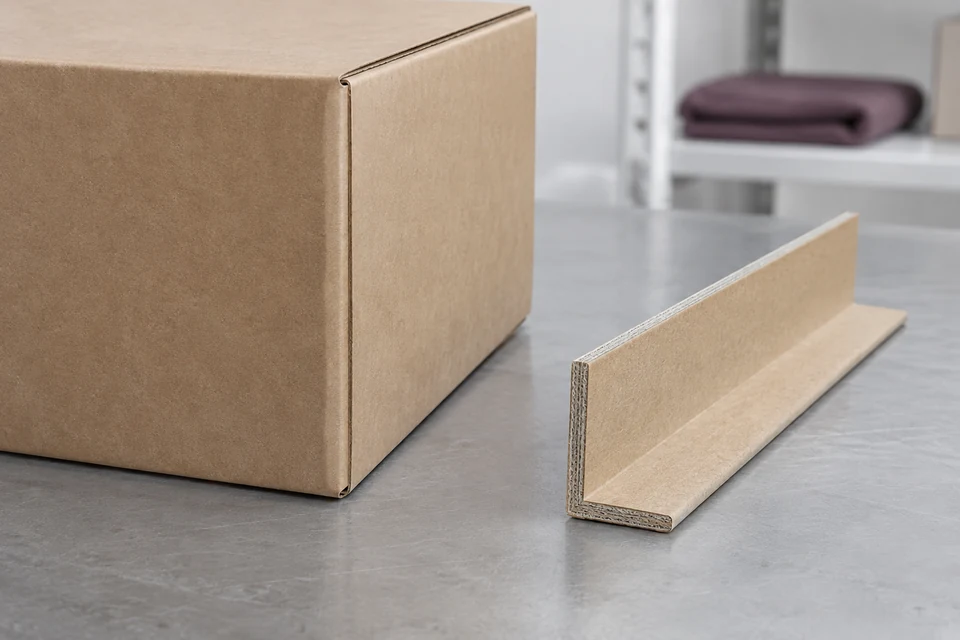 A layered paperboard corner protector stands beside the edge of a plain kraft carton