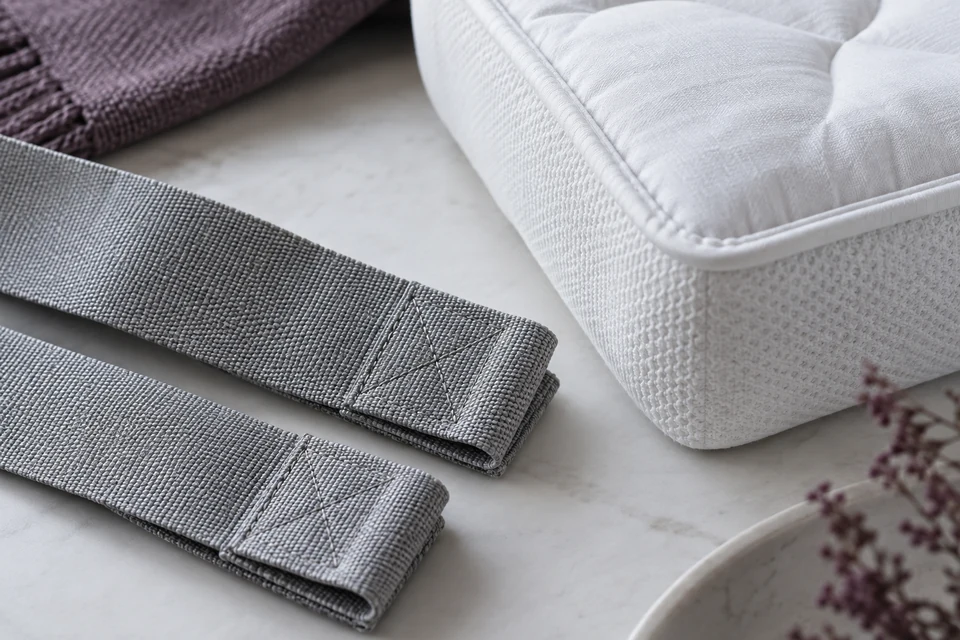 Folded and stitched grey webbing ends lie against the corner of a white quilted bedding assembly