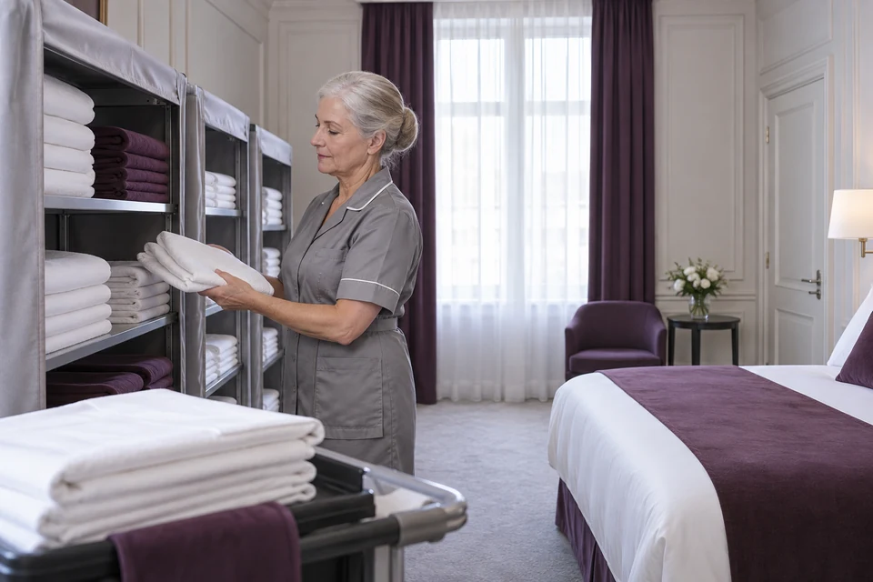 A hotel professional handles folded linen beside covered temporary shelving in a quiet guest room