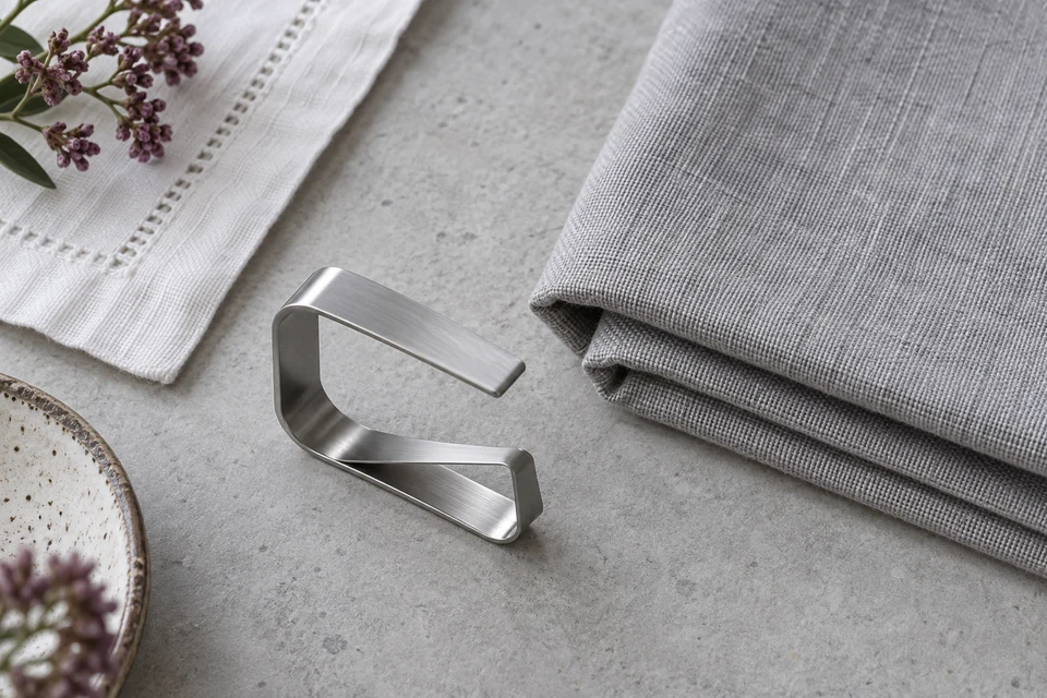 A separate metal tablecloth clip rests beside folded grey linen on a pale table with a plum accent