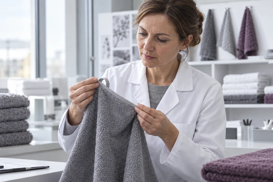 A technician examines the sewn hanging loop on a grey terry towel at a bright worktable