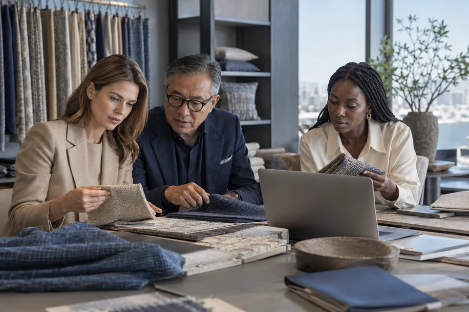 Three professionally dressed buyers review textile samples and a laptop in a contemporary studio