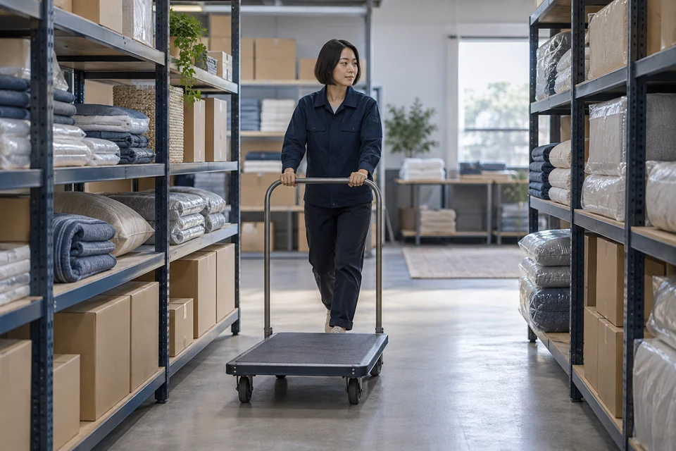 A warehouse professional moves an empty low trolley between shelves of cartons and wrapped bedding