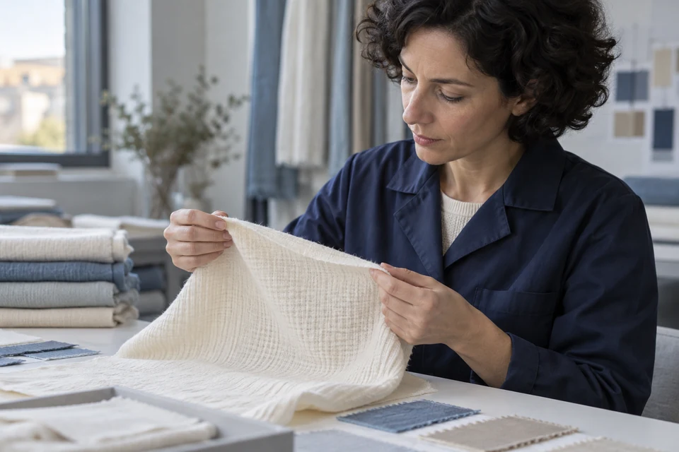 A textile technician in navy examines the layered edge of a cream gauze sample at an inspection table