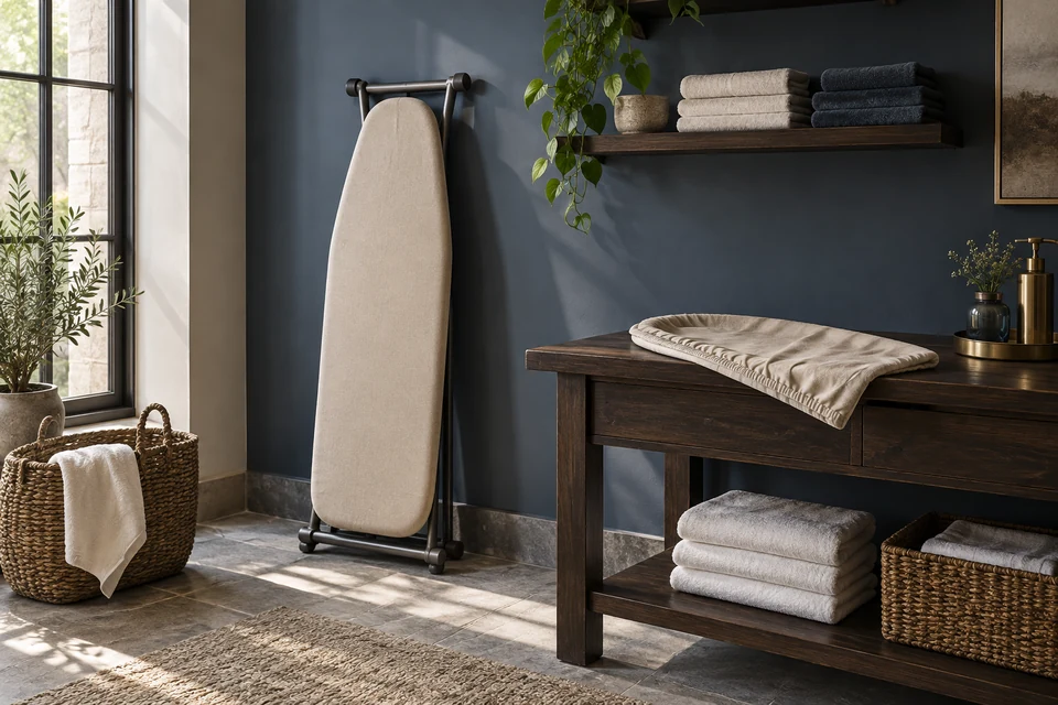 A folded ironing board with a sand cover stands beside a loose replacement cover in a hotel utility room