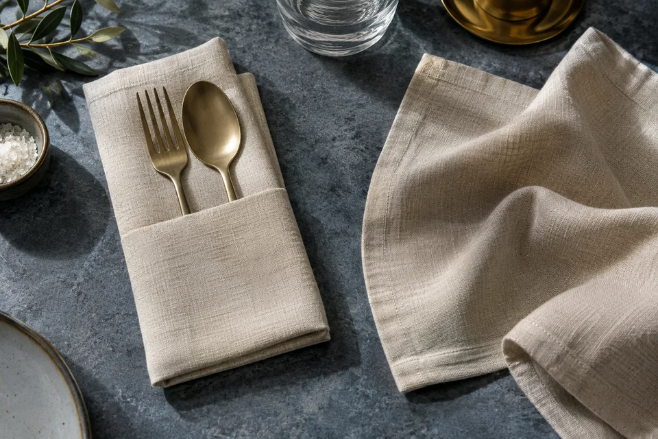 A sand linen napkin pocket holds a fork and spoon beside an unfolded napkin on blue stone